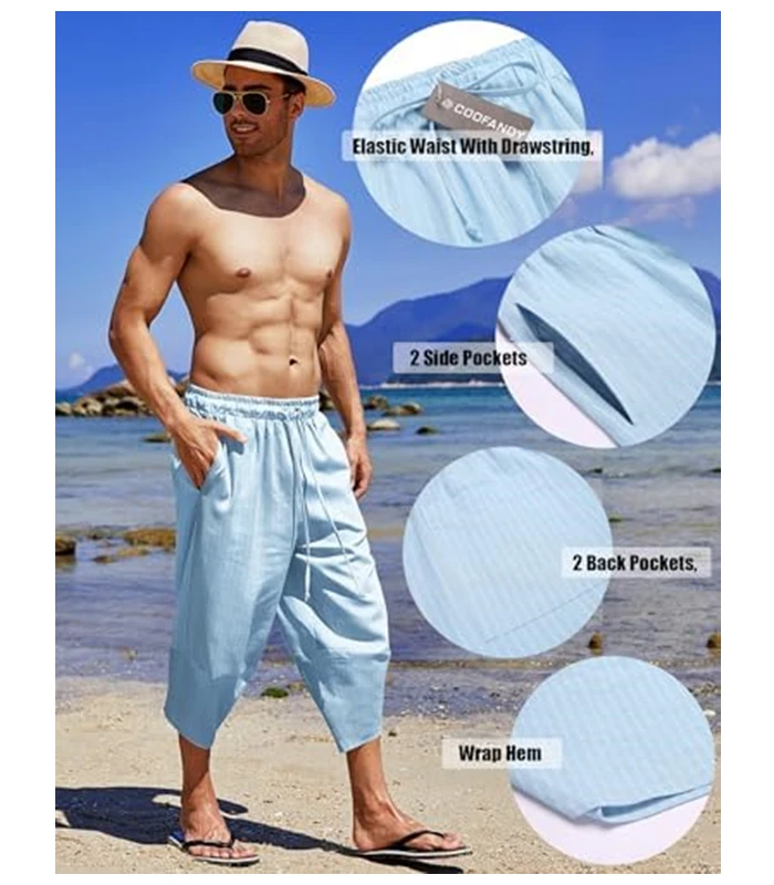COOFANDY Men's Linen Harem Capri Pants